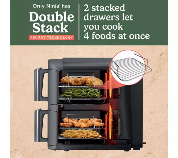 Ninja Double Stack XL Air Fryer 9.5L Capacity, 6 Cooking Functions, 8 Portions - Grey | SL400UK
