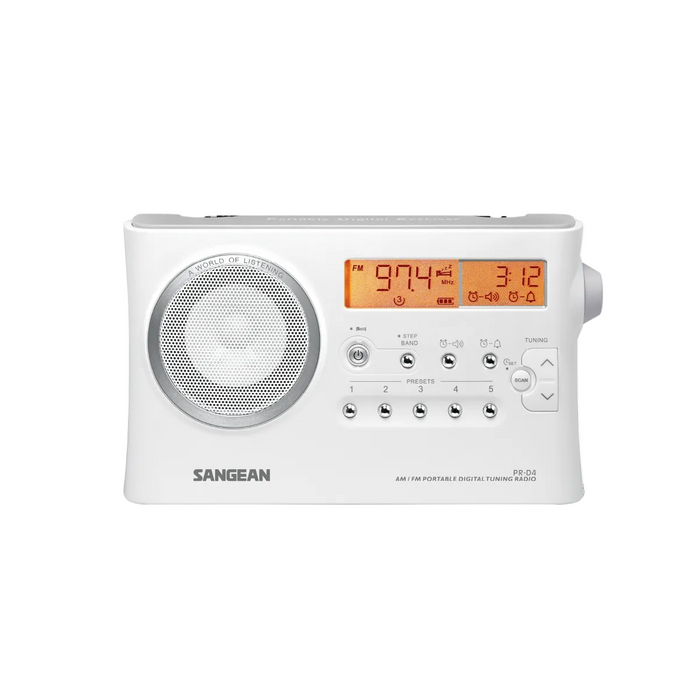 Sangean PR-D4 AM/FM Digital Tuning Portable Radio with Dual Alarm - White | PR-D4-WH