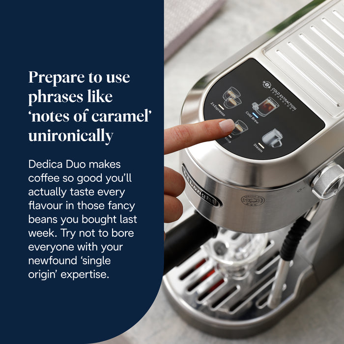 DeLonghi Dedica Duo Espresso Coffee Machine with Cold Brew and My LatteArt Steam Wand  – Silver | EC890.M