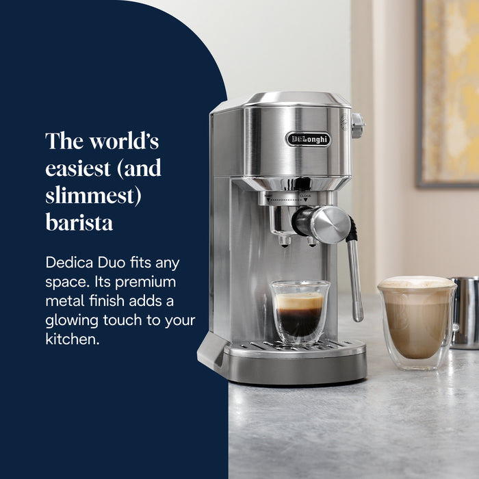 DeLonghi Dedica Duo Espresso Coffee Machine with Cold Brew and My LatteArt Steam Wand  – Silver | EC890.M