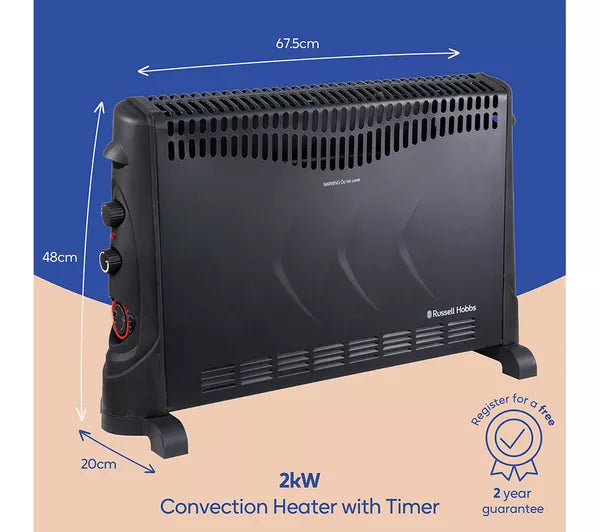 Russell Hobbs 2kW Convector Heater with Timer, 3 Heat Settings and Thermostat - Black | RHCVH4002B