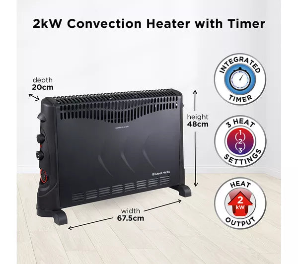 Russell Hobbs 2kW Convector Heater with Timer, 3 Heat Settings and Thermostat - Black | RHCVH4002B
