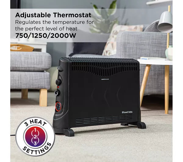 Russell Hobbs 2kW Convector Heater with Timer, 3 Heat Settings and Thermostat - Black | RHCVH4002B