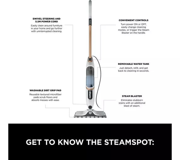 Shark SteamSpot Steam Mop with Steam Blaster Technology, 500ml Tank and 5.5m Cord | S2001UK