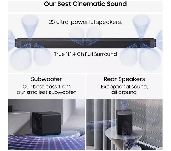 Samsung Q-Series HW-Q990H 11.1.4ch Dolby Atmos Soundbar with Wireless Subwoofer and Rear Speakers - Black | HW-Q990H/XU