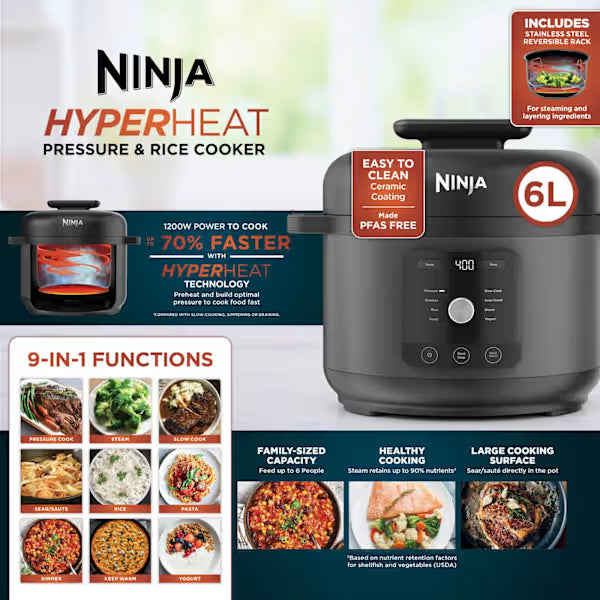 Ninja HyperHeat 6L 9-in-1 Pressure Cooker and Rice Cooker 1200W - Black | PC201UK