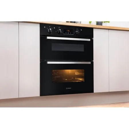 Indesit 60cm Built Under Double Electric Oven in Black || IDU6340BL