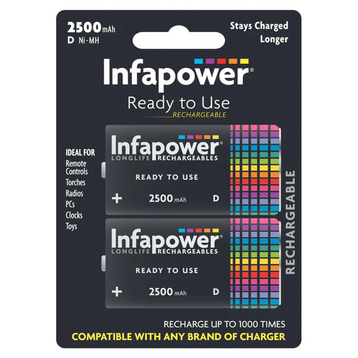 Infapower 2500mAh Rechargeable D Multi Usage Batteries 2 Pack - Black | 210053