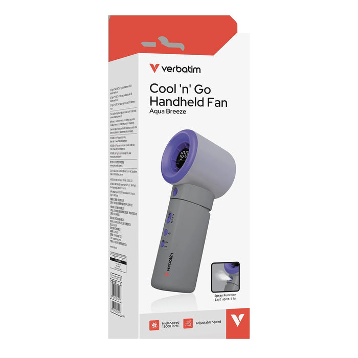 Verbatim Cool 'n' Go Aqua Breeze Rechargeable Handheld Fan with Mist Spray and Digital Display - Purple/Grey | 32345