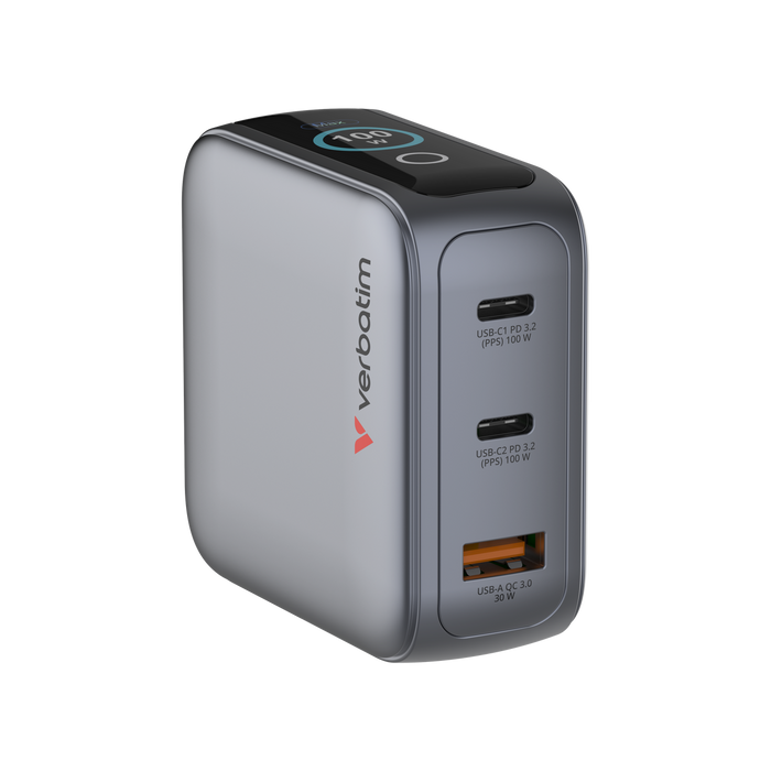 Verbatim Mini GaN 100W 3-Port Wall Charger with TFT Touch Display | 30239