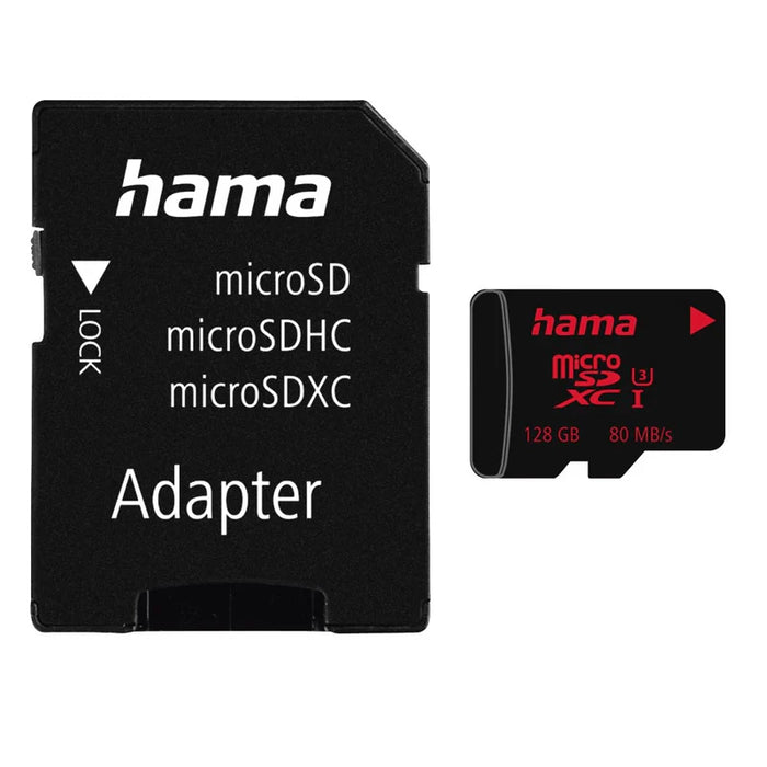 Hama MicroSDXC UHS-I 80MB/s Class 3 128GB Memory Card with Adapter - Black | 345936
