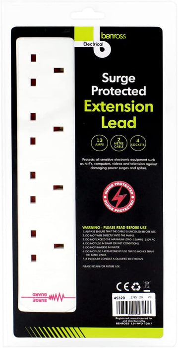 BENROSS 4 Way 2M Surge Protected Extension Lead | 45320