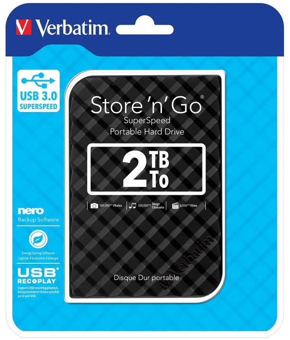 Verbatim 2TB Store ‘n’ Go Portable Hard Drive, USB 3.0 — Black| 53195