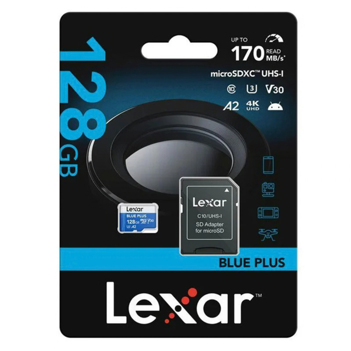 Lexar BLUE PLUS 128GB microSDXC Memory Card UHS-I A2 V30 with SD Adapter | 425280
