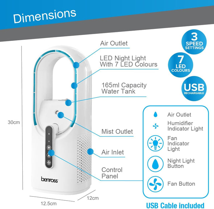 BENROSS Fan Benross USB Bladeless Fan With Mister | 38639 IRWINS MEGASTORE