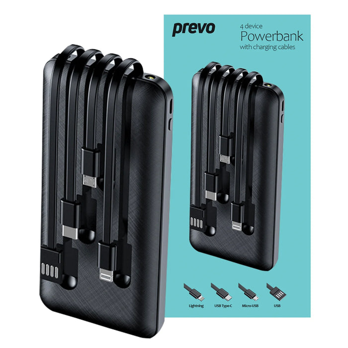 Prevo 10000mAh Portable Charging Power Bank with Pre-fitted Leads - Black | 658446