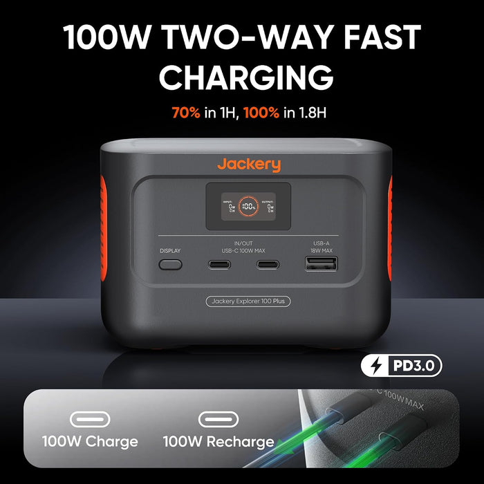 Jackery Explorer 100 Plus Portable Power Station 99Wh LiFePO4 with 128W Output and USB-C PD - Black | 263-21-0001-165
