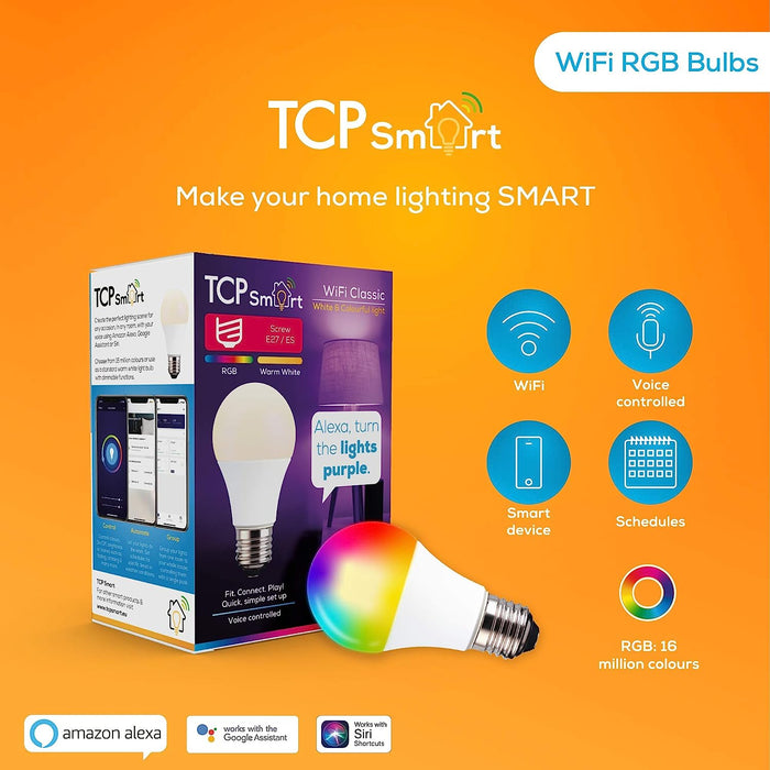 TCP Smart Wi-Fi LED Classic E27 Warm White & Colour Changing Dimmable Lightbulb | TCPE27COL