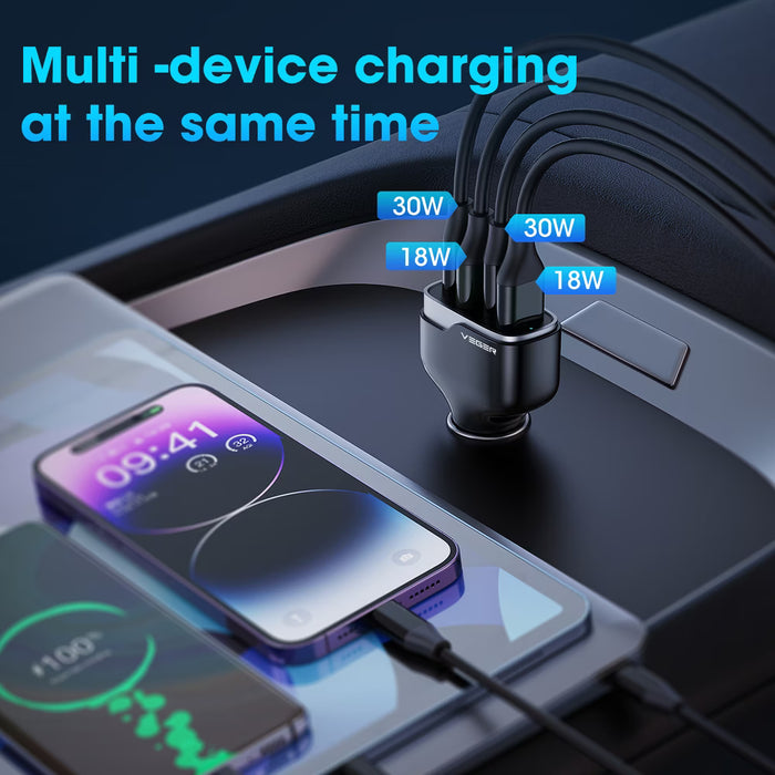 VEGER 66W Quad Port Car Charger with 2 x USB-C PD 3.0 and 2 x USB-A - Black | CC53-2A2C
