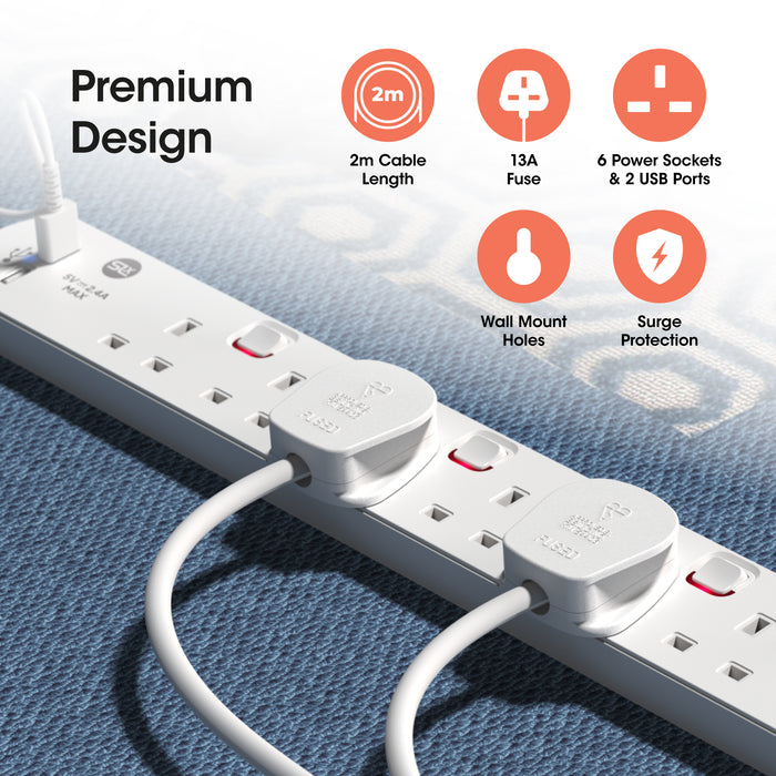 SLX 6 Gang 13A Switched Extension Lead 2m with 2 USB-A Sockets | 90163PI