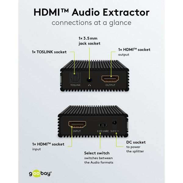 Goobay HDMI Audio Extractor 4K @ 60Hz with Optical TOSLINK and 3.5mm Stereo Output | 58477