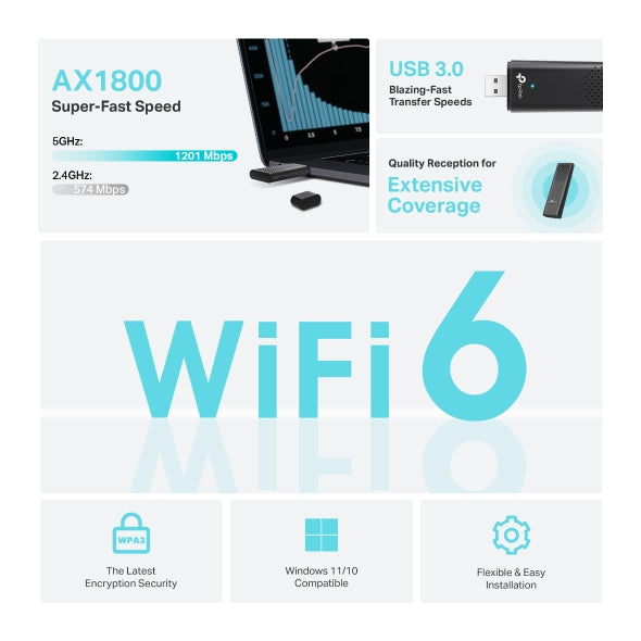 TP-Link AX1800 Dual Band Wi-Fi 6 Wireless USB Adapter | ARCHER TX20U