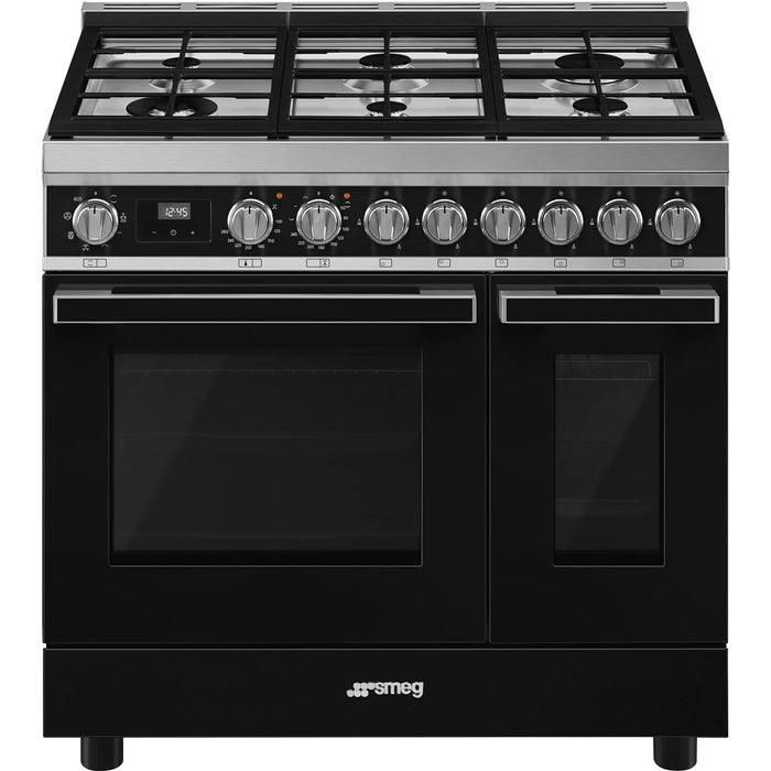 Smeg 90x60 cm Portofino Dual fuel Cooker with Gas Hob - Black | SMG CPF92GMBL