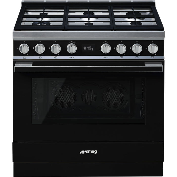 Smeg 90x60 cm Portofino Dual fuel Cooker with Gas Hob - Black | SMG CPF9GPBL