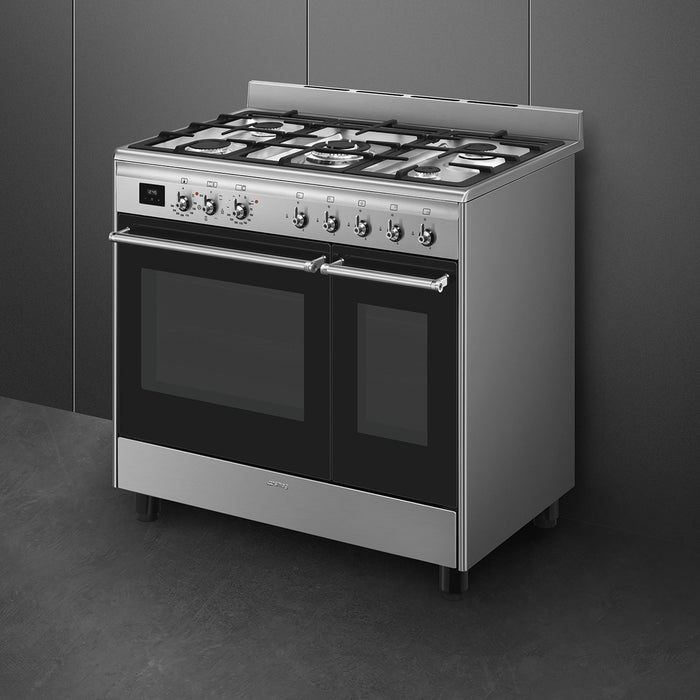 Smeg 90x60 cm Double Cavity Cooker with Gas Hob Classica Aesthetic - Stainless Steel || CX92GM