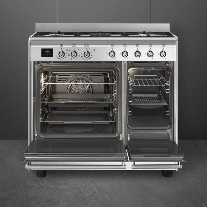 Smeg 90x60 cm Double Cavity Cooker with Gas Hob Classica Aesthetic - Stainless Steel || CX92GM