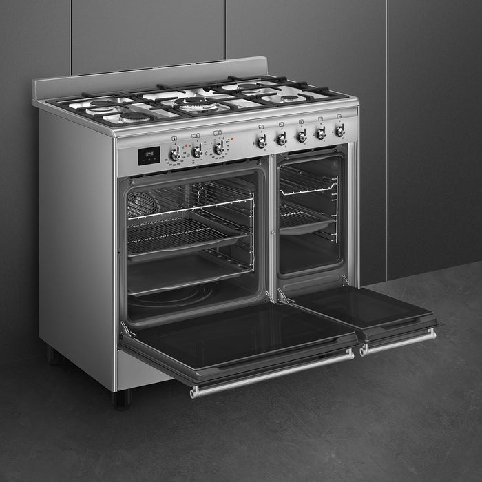 Smeg 90x60 cm Double Cavity Cooker with Gas Hob Classica Aesthetic - Stainless Steel || CX92GM