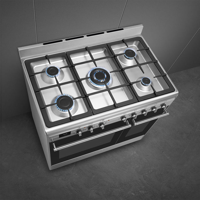 Smeg 90x60 cm Double Cavity Cooker with Gas Hob Classica Aesthetic - Stainless Steel || CX92GM