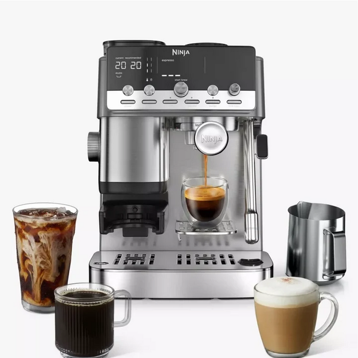 Ninja Luxe Café Mini Plus Espresso Machine with Built-in Grinder and Scale, Hands-Free Steam Wand - Silver | ES352UK
