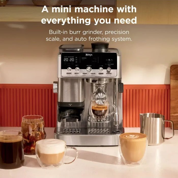 Ninja Luxe Café Mini Plus Espresso Machine with Built-in Grinder and Scale, Hands-Free Steam Wand - Silver | ES352UK