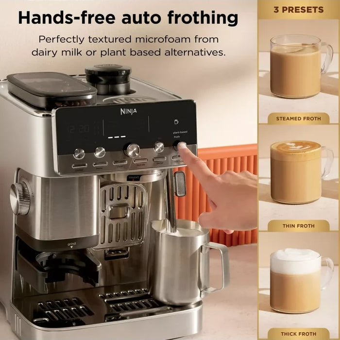 Ninja Luxe Café Mini Plus Espresso Machine with Built-in Grinder and Scale, Hands-Free Steam Wand - Silver | ES352UK