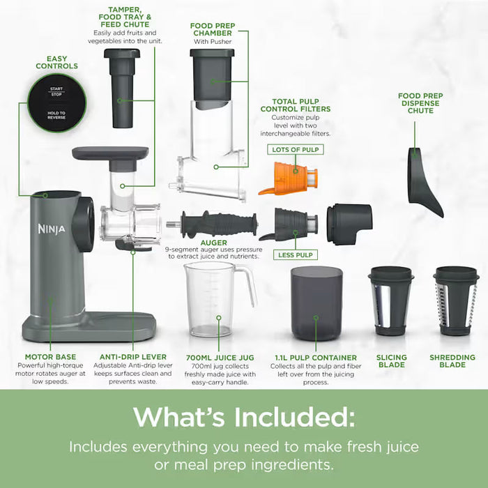 Ninja 3-in-1 Cold Press Juicer, Slicer and Shredder 150W - Grey | JC152UK