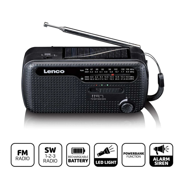 LENCO Portable Hand Crank Emergency Radio, Flashlight and Powerbank - Black | MCR-113BK