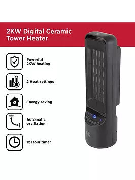 Black & Decker 2KW Digital Oscillating Ceramic Tower Fan Heater - Black | BXSH44007GB