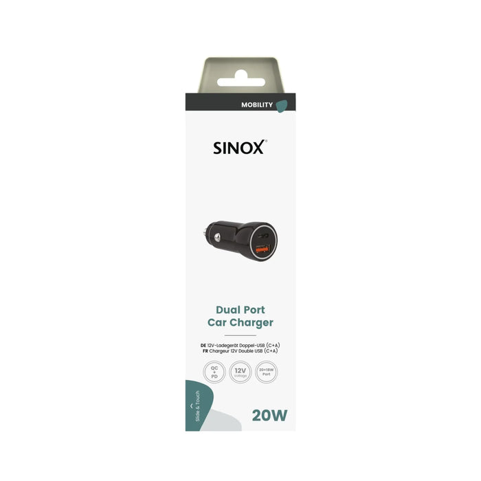 Sinox 12V Double Car Charger. USB A 18W + USB C 20W - Black | 052375