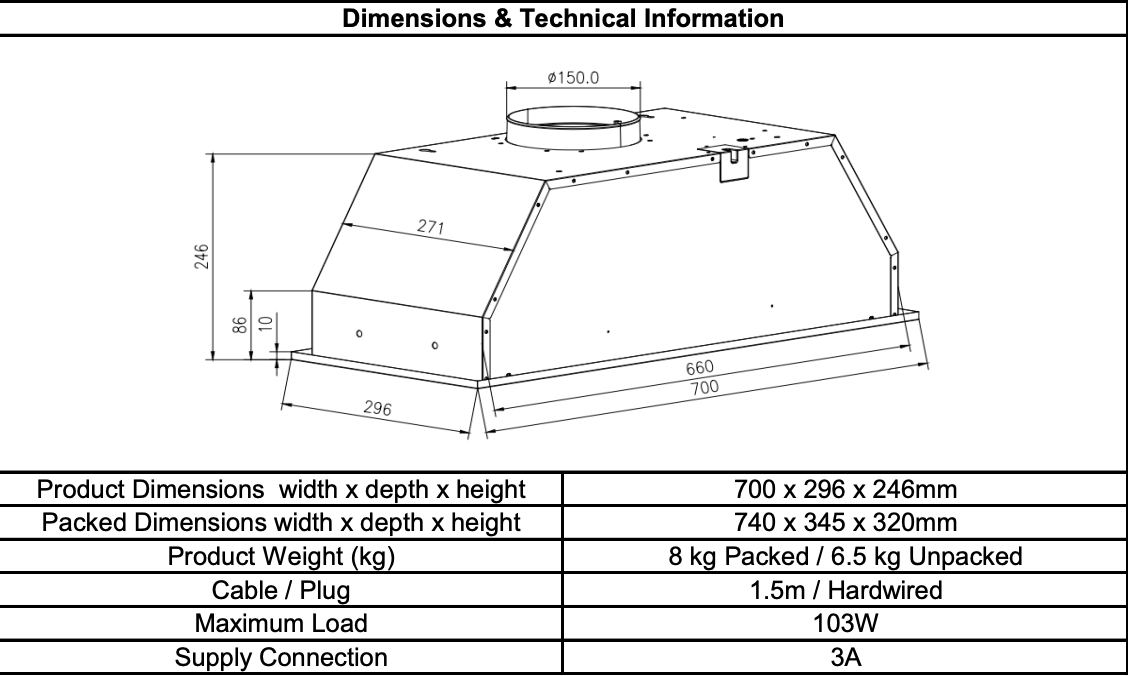 CATA 70cm Canopy Extractor Hood With 3 Speed Fan - Black || UBSCAN70BK