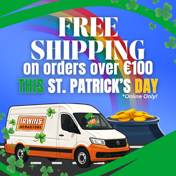 Promotional graphic for free shipping on St. Patrick's Day with a van and pot of gold.