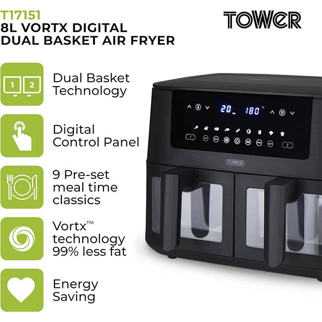 Tower T17151 Vortx 8L Vizion Dual Basket Air Fryer Digital - Black | EDL  T17151