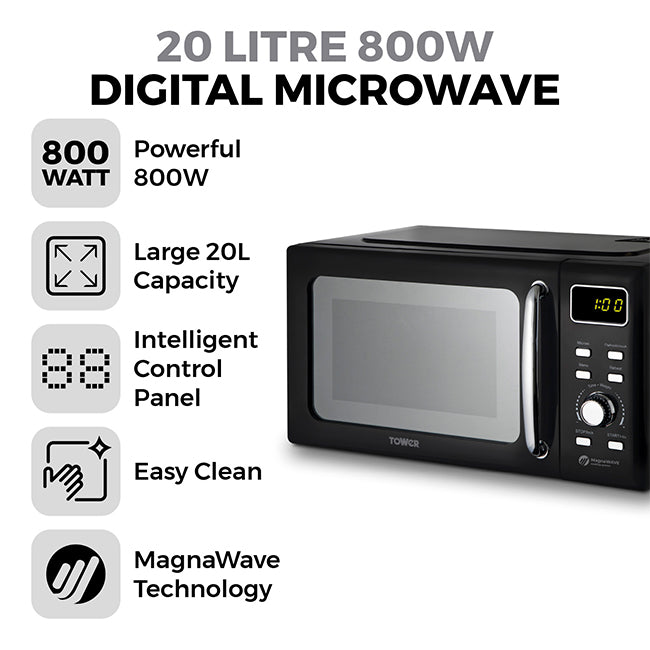 Tower 20L 800W Digital Microwave Mirror Door - Black and Chrome | EDL T24041BLK