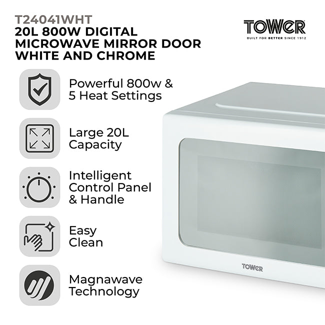 Tower 20L 800W Digital Microwave Mirror Door - White and Chrome | EDL T24041WHT