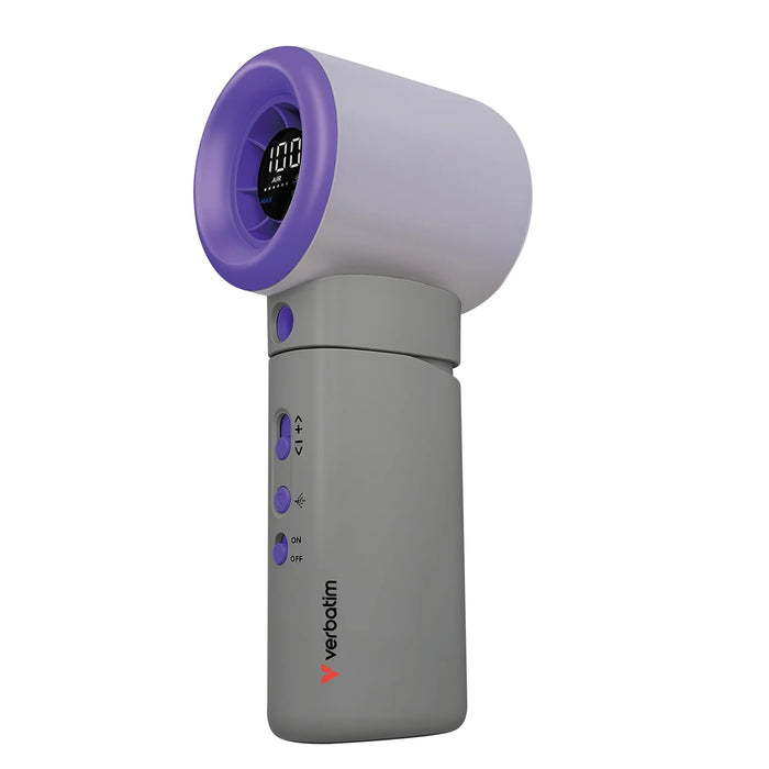 Verbatim Cool 'n' Go Aqua Breeze Rechargeable Handheld Fan with Mist Spray and Digital Display - Purple/Grey | 32345