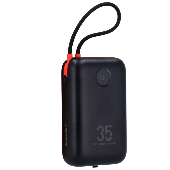 Veger K3 30000mAh 35W PD Power Bank with Built-in USB-C and Lightning Cables - Black | W3018
