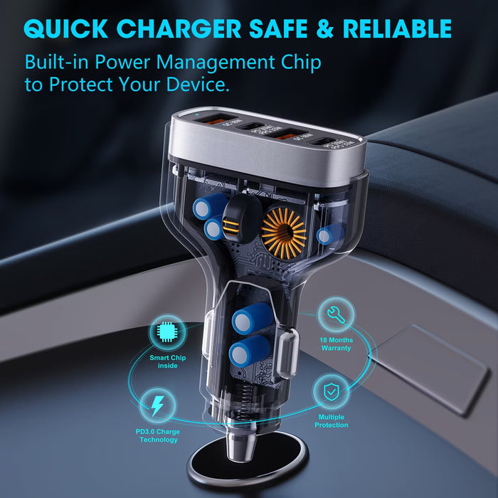VEGER 66W Quad Port Car Charger with 2 x USB-C PD 3.0 and 2 x USB-A - Black | CC53-2A2C