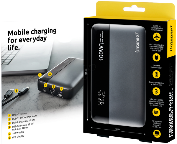 Intenso HE20000 20000mAh 100W Power Bank with LED Display, USB-C PD 3.0 - Anthracite | 7350050