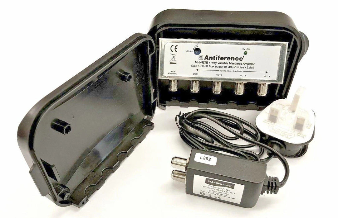 Antiference MHK4LTE 1 In 4 Out Variable Gain Masthead Amplifier Kit with PF1 Power Supply and LTE Filter | MHK4LTE