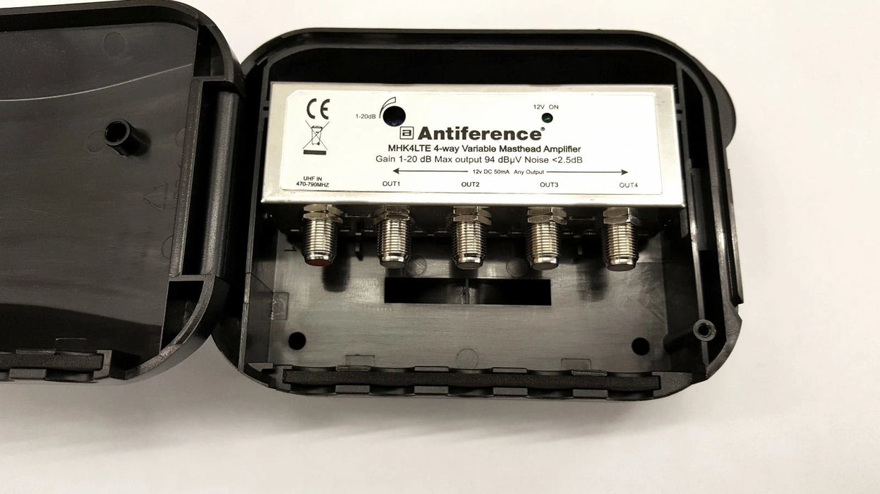 Antiference MHK4LTE 1 In 4 Out Variable Gain Masthead Amplifier Kit with PF1 Power Supply and LTE Filter | MHK4LTE